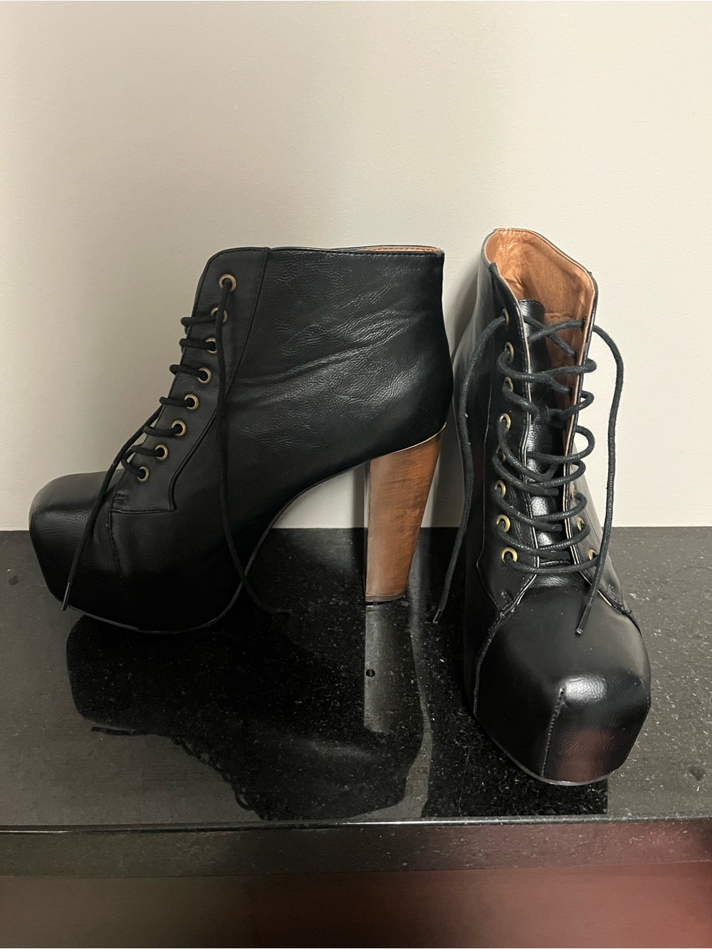 Black Lace-Up Platform Booties with Wood-Tone Heel